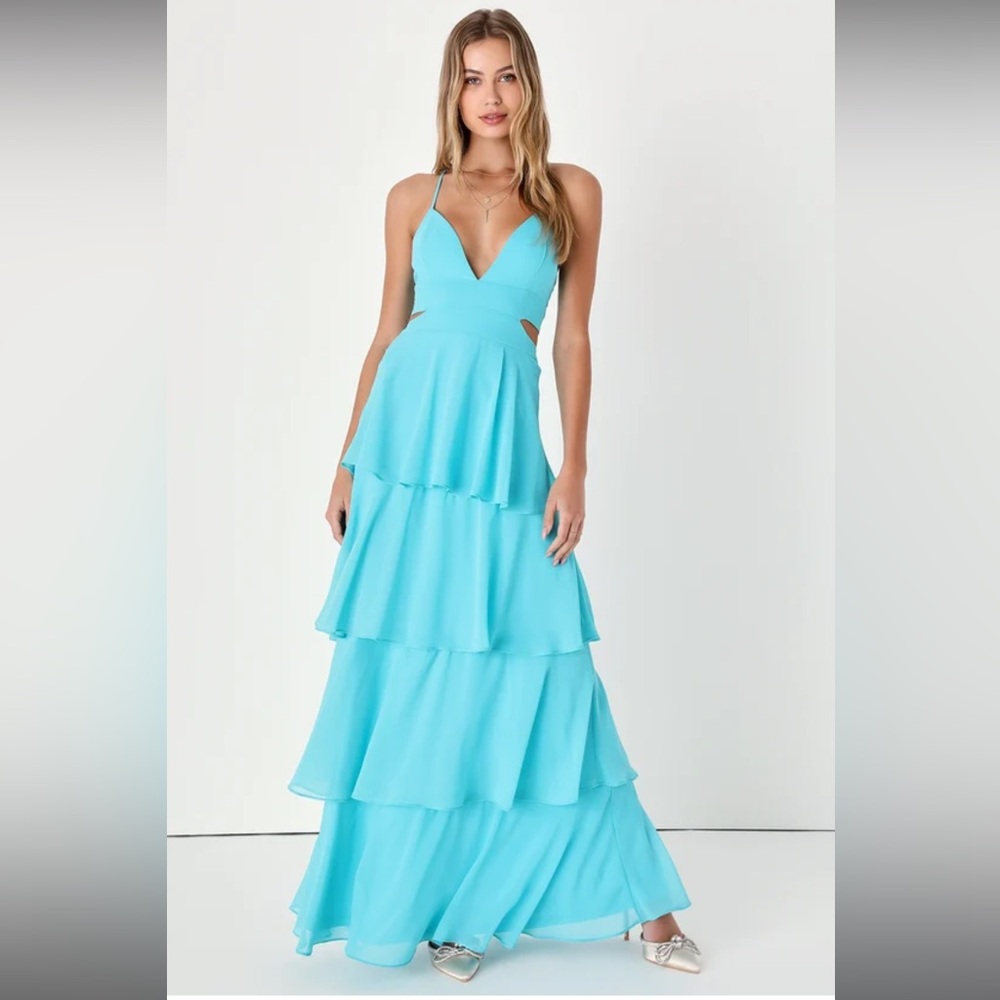 Lulus Tier and Now Blue Tie-Back Tiered Maxi Dress